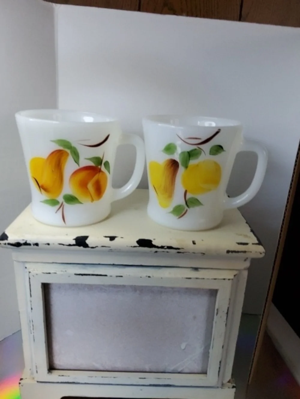 Fire-king Gay Fad Milk Glass Coffee Mugs.